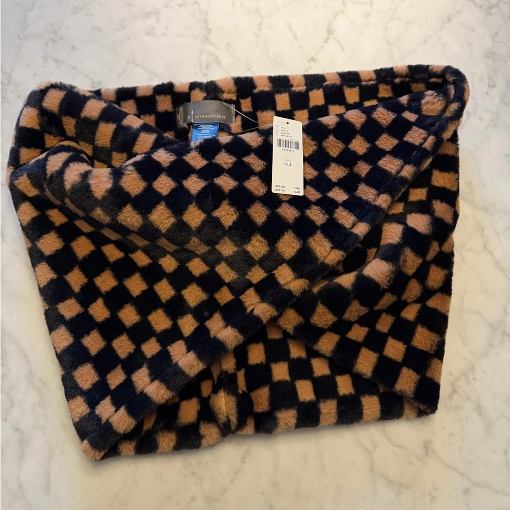 Anthropologie Navy & Tan Checkerboard Faux-Fur Wrap